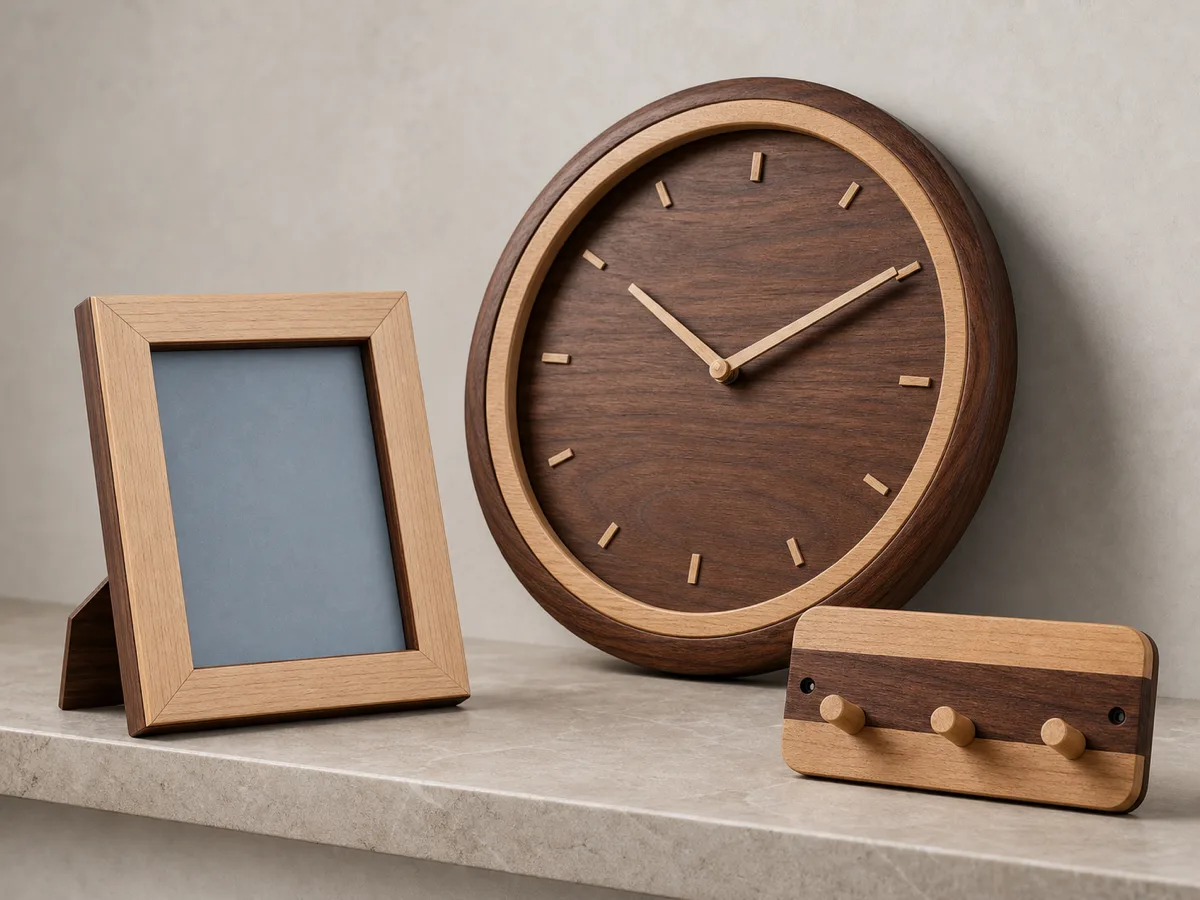 Wooden wall clock, photo frame and wall hook rail