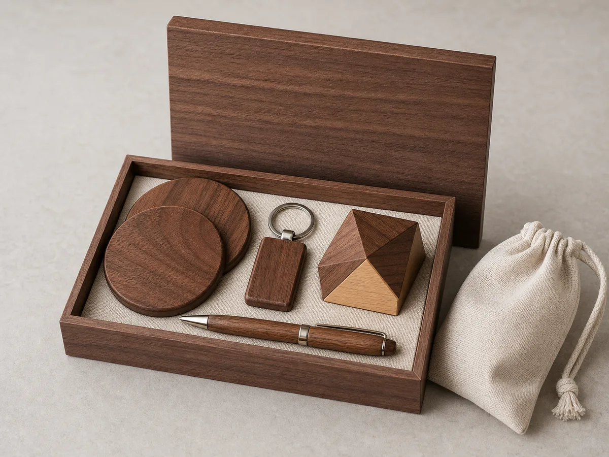 Custom wooden corporate gift set with box and accessories