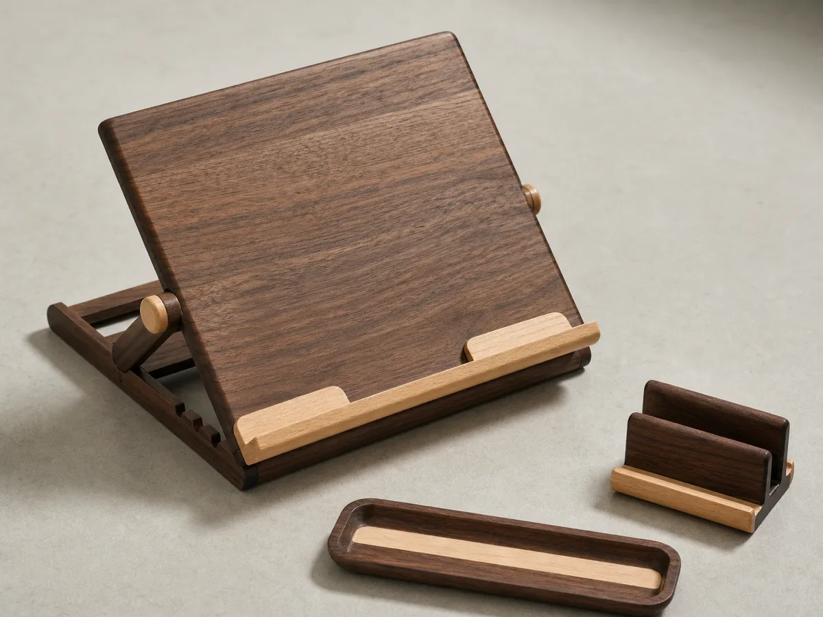 Adjustable wooden tablet stand with office accessories