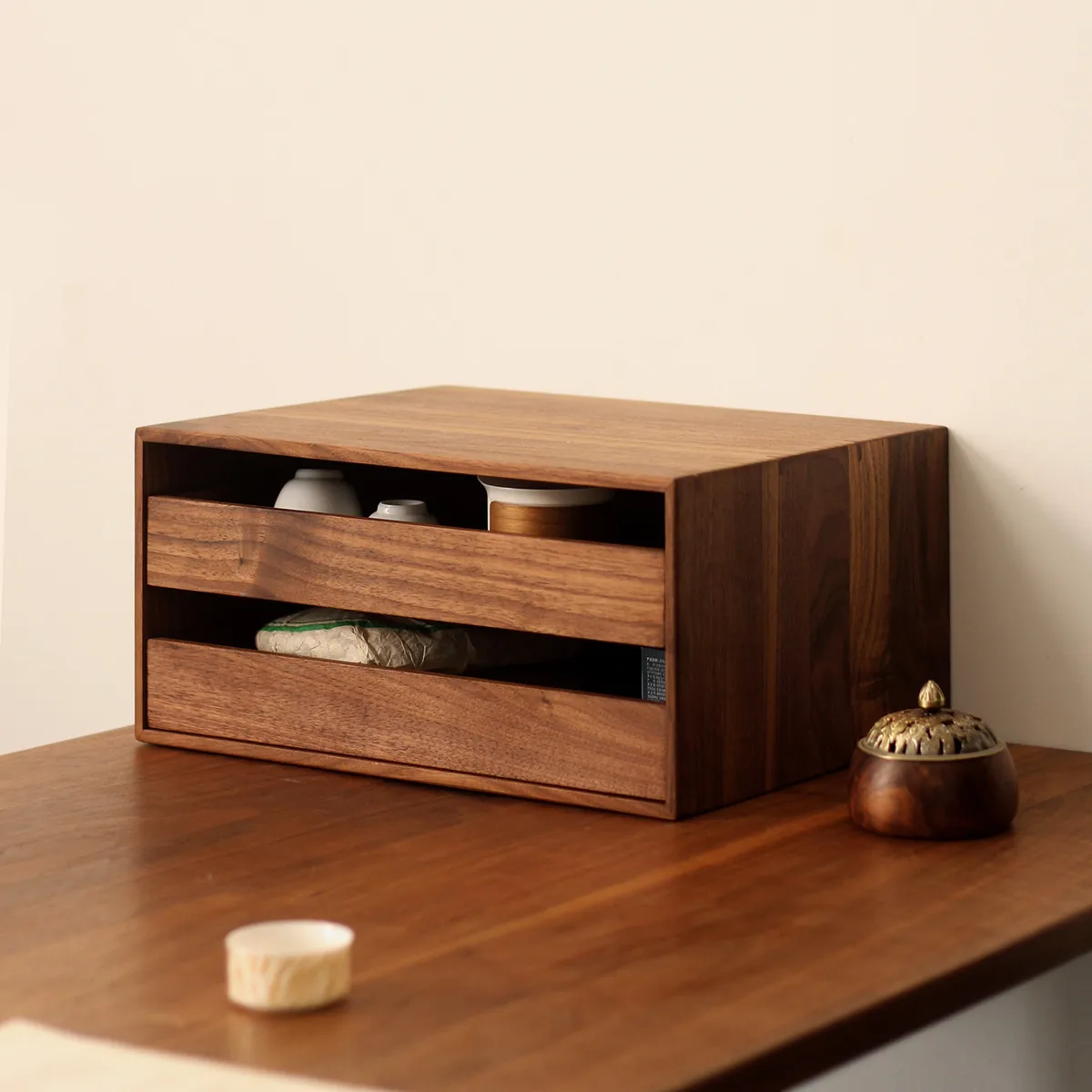 Small walnut wood desk organizer with three pull-out drawers