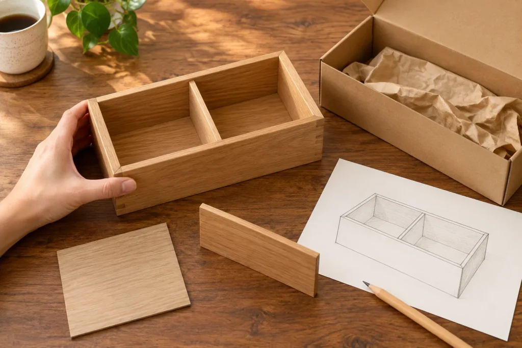 Conceptual buyer review desk with a wooden organizer, drawing, finish reference and packaging.