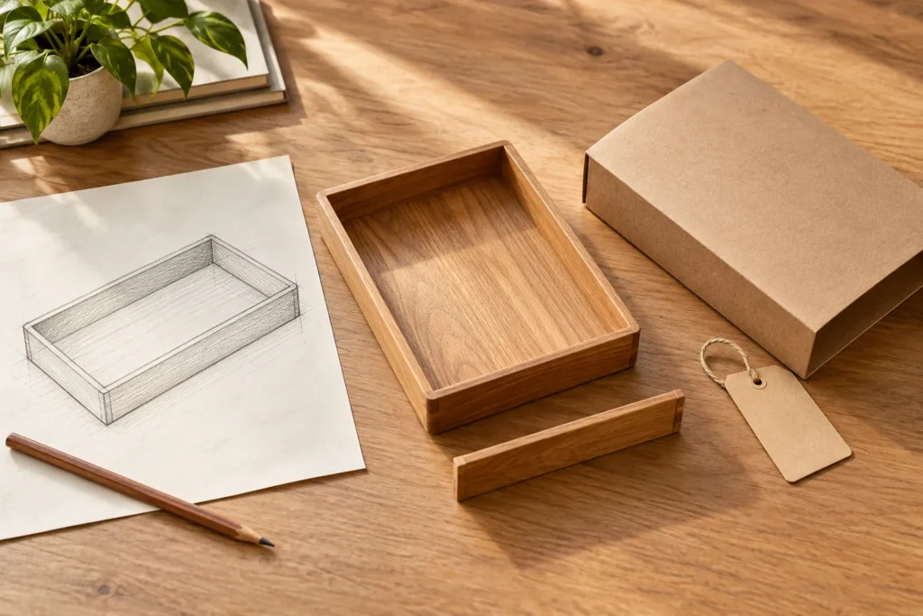 A wood tray concept sketch, matching tray and plain packaging represent design input, product and brand presentation.