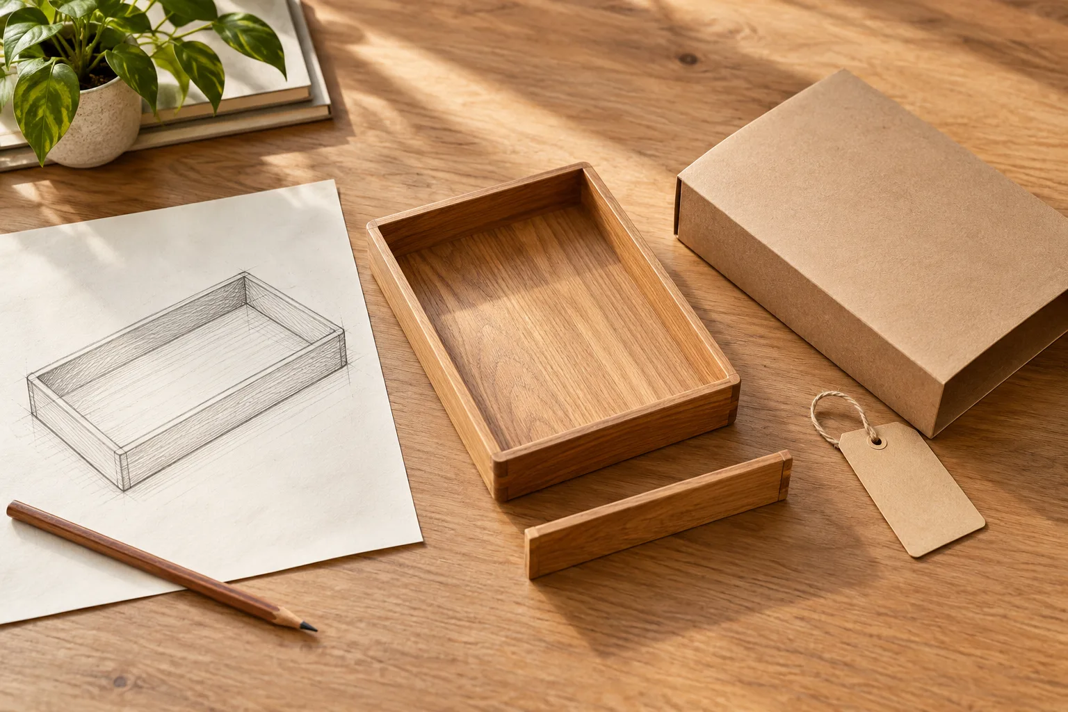 A wood tray concept sketch, matching tray and plain packaging represent design input, product and brand presentation.